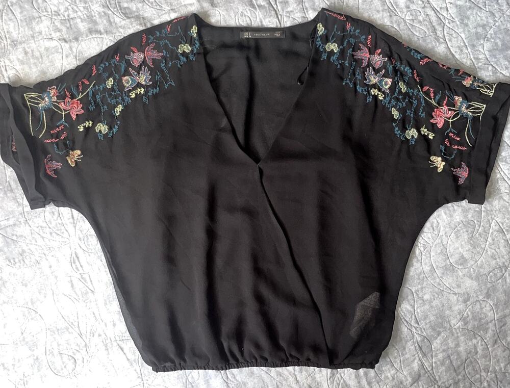 Zara Trafaluc Black Embroidered Floral Butterfly Surplice Wrap  sm